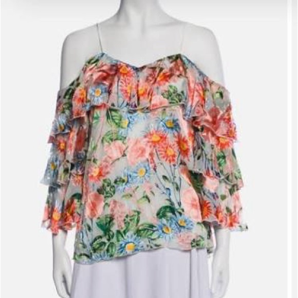Alice + Olivia Tops - ALICE + OLIVIA Marlee Cold Shoulder Floral Ruffle Sleeve Blouse Top Silk Blend